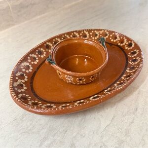 Hand Painted Mexican Redware Clay Terracotta Platter and Small Bowl Set